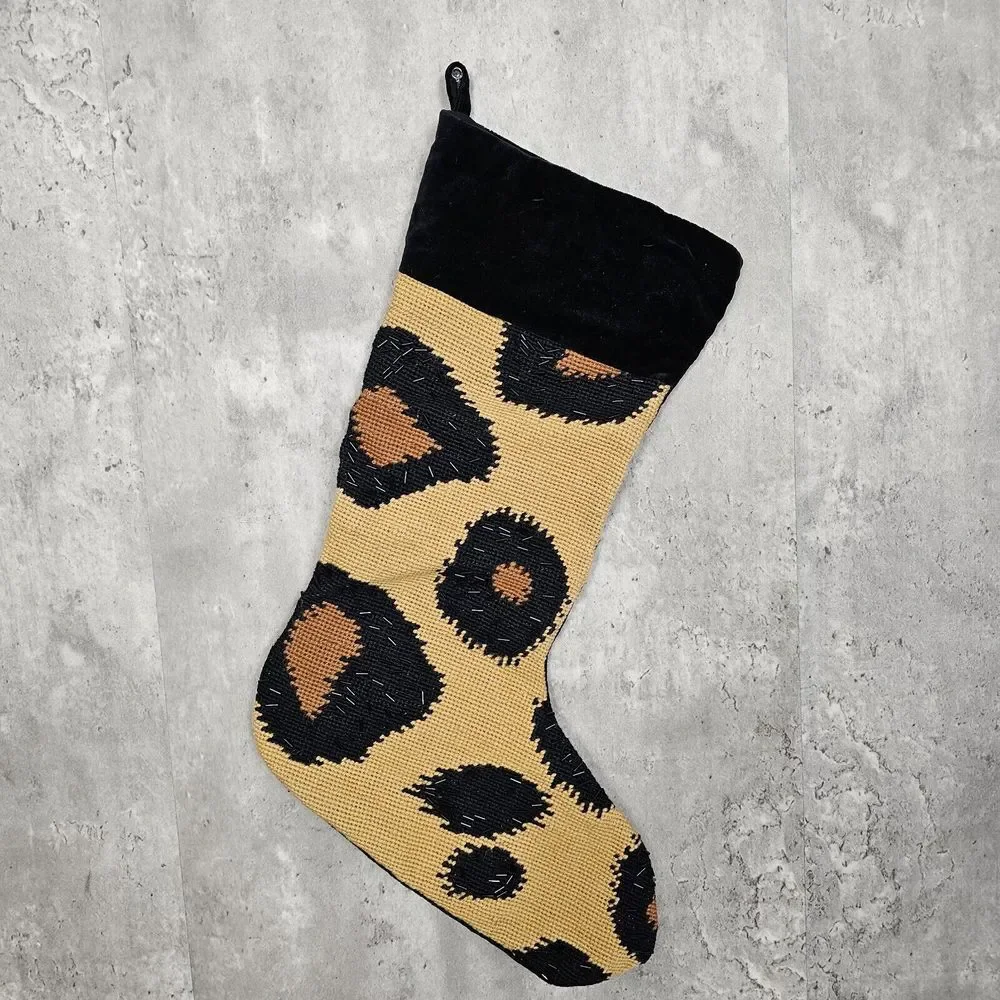 West Elm Leopard Beaded Wool Cotton Black Brown Christmas Stocking Holiday Decor
